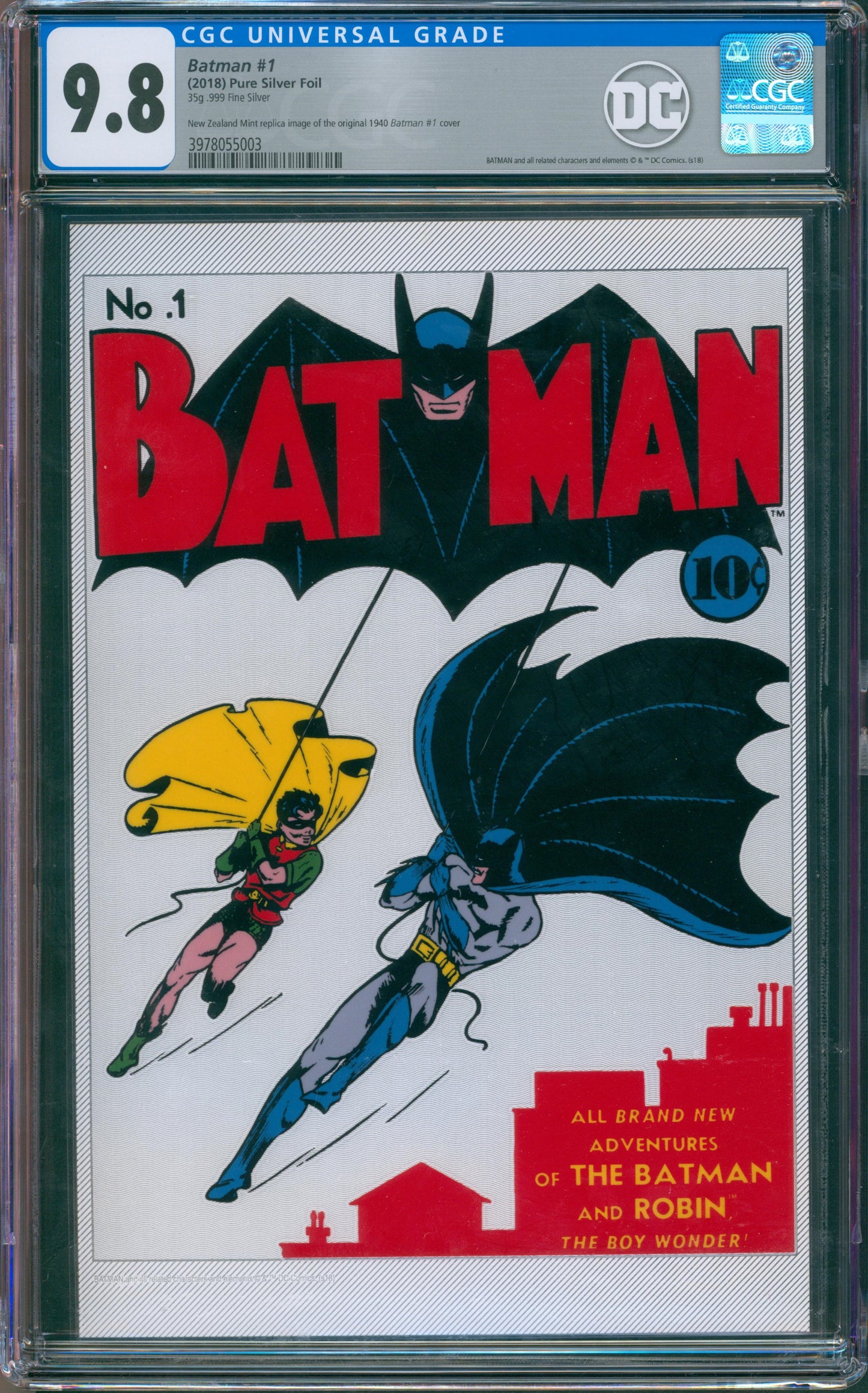 Batman #1 Pure Silver Foil. 35g .999 fine Silver. New Zealand Mint Replica Image of the Original Batman #1 Cover